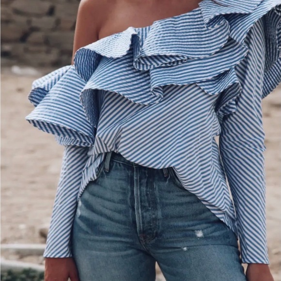 Johanna Ortiz Tops - Johanna Ortiz Anastasia Asymmetrical Blue and White Ruffle Blouse